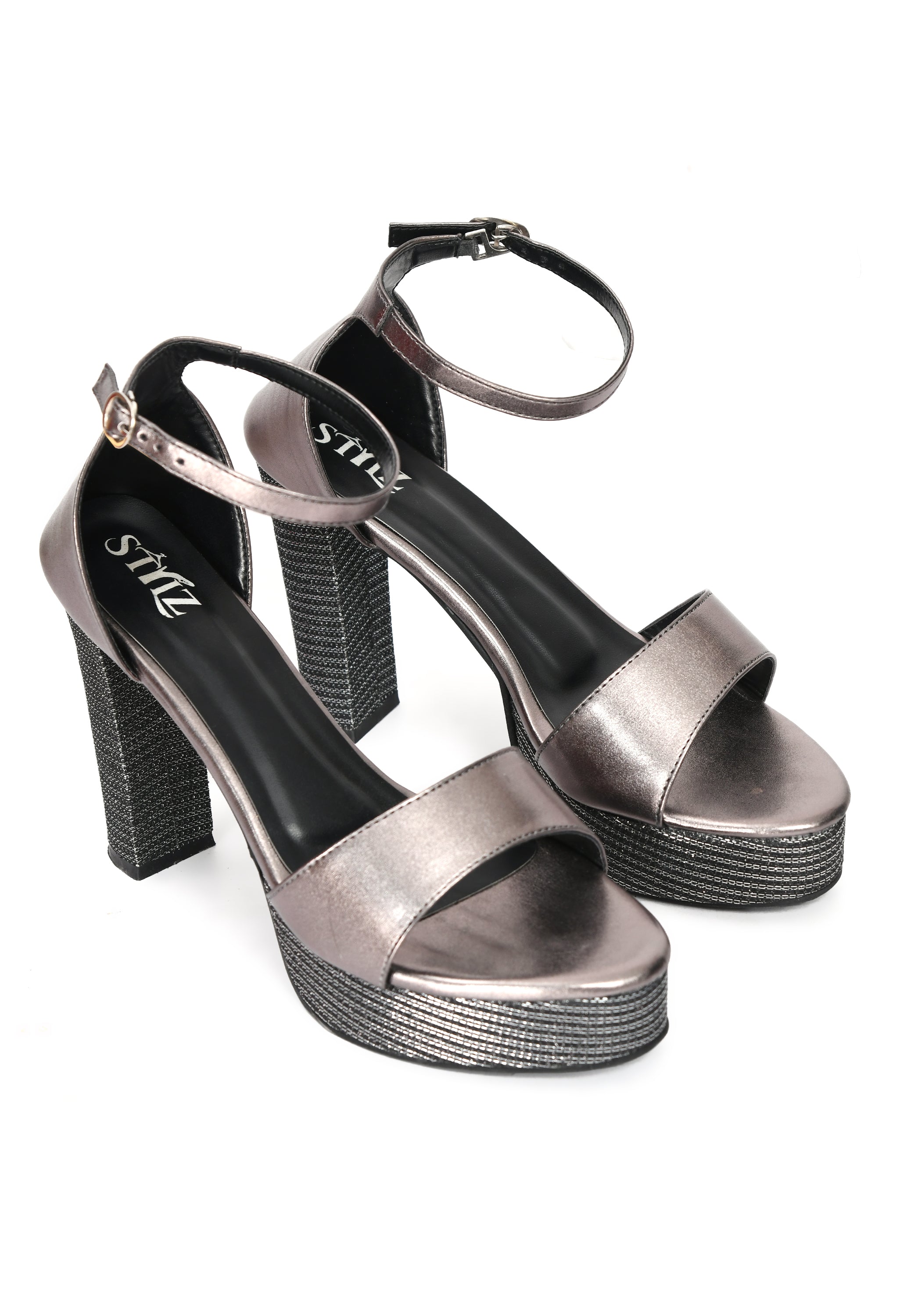 STYLZ Textured Silver 5-inch Designer Ankle Strap Platform Block Heel