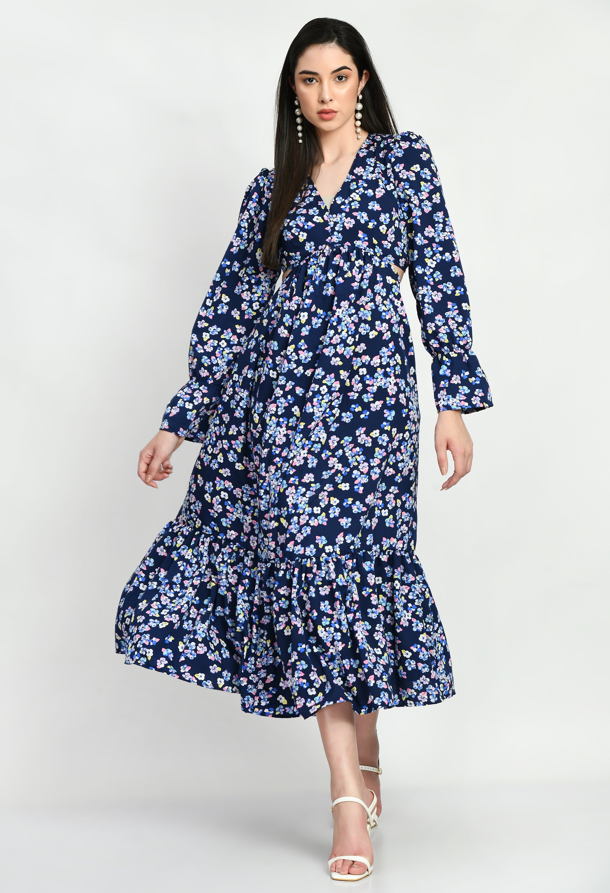 STYLZ Deep Blue A-Line Floral Dress